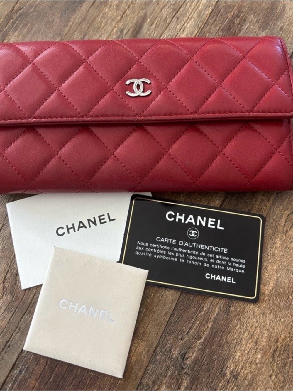CHANEL Quilted Red Leather Wallet with Silver CC Emblem